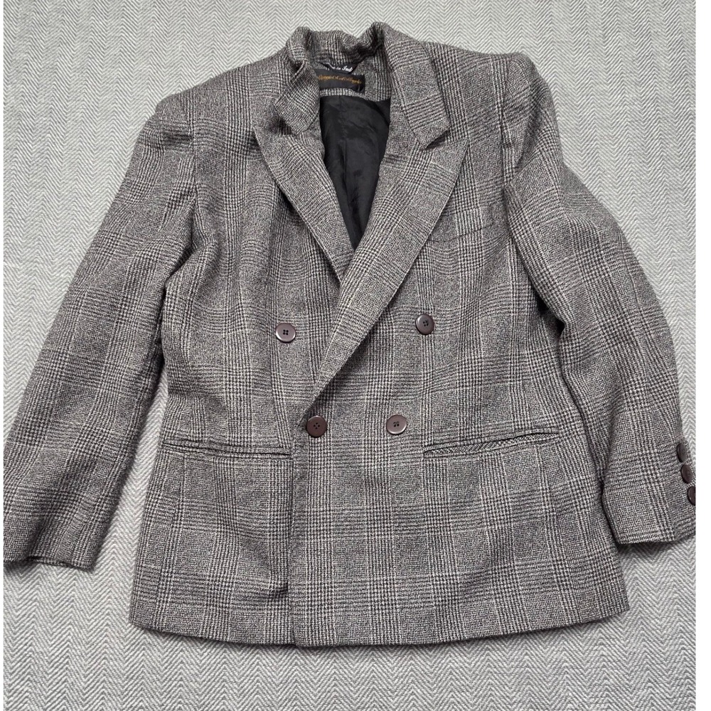 Giorgio Sant'Angelo Vintage Pure Wool Double Breasted Plaid Blazer Grey Petite 8